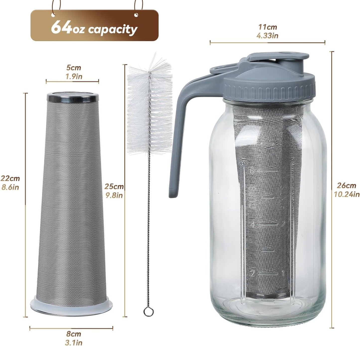 Cold Brew Coffee Maker Pitcher 64-ounce Glass Wide Mouth Mason Jar with Stainless Steel Filter and Pour Spout Handle Lid (Grey, 64Ounce)