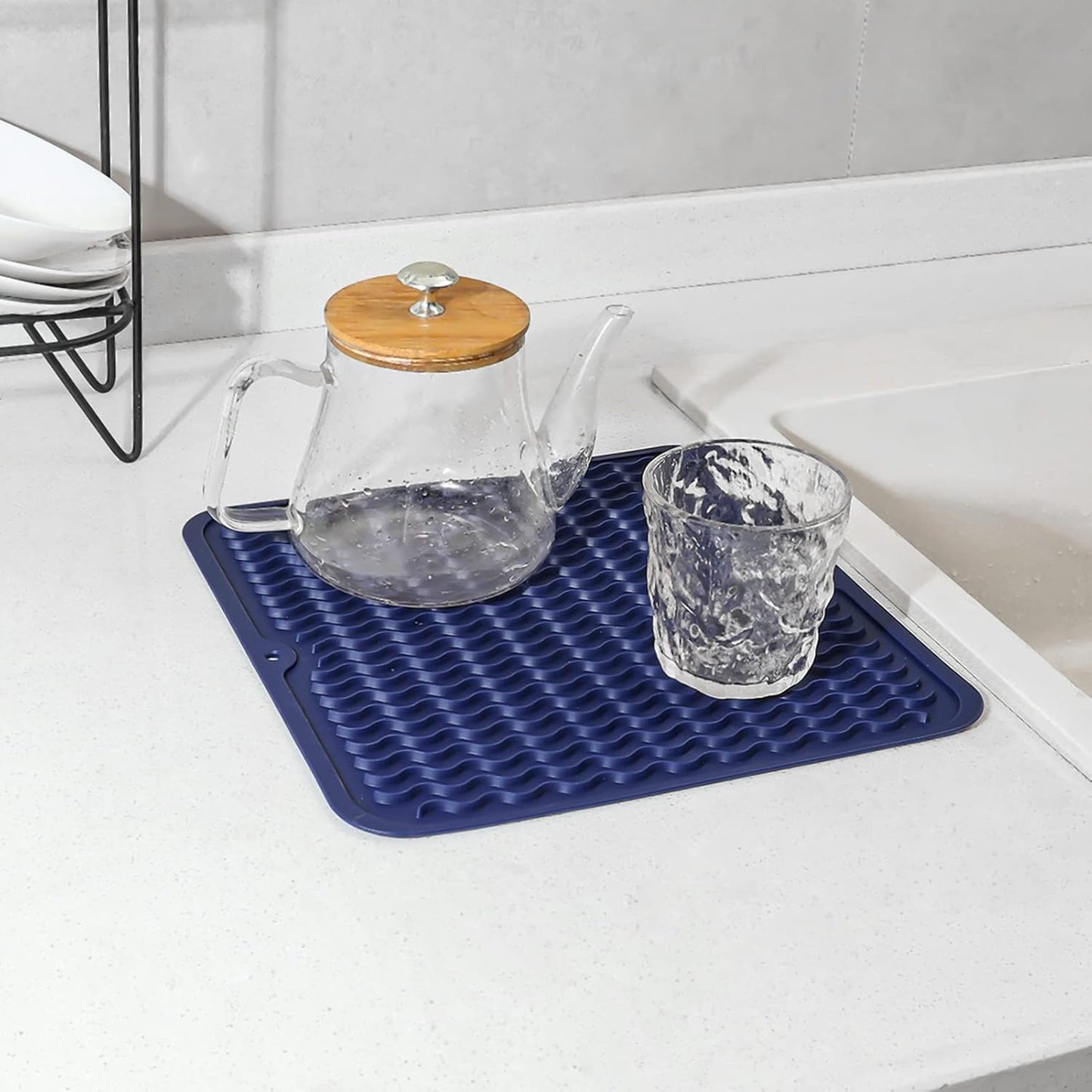 Silicone Dish Drying Mat for Multiple Usage,Easy clean,Eco-friendly,Heat-resistant Silicone Mat for Kitchen Counter or Sink,Refrigerator or Drawer liner Navy Blue M 12 inches x 12 inches