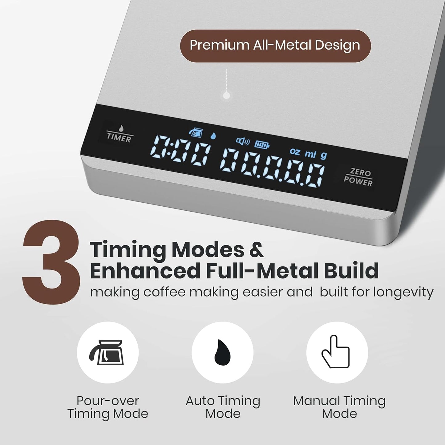 Mini Coffee Scale with Timer, Maestri House Rechargeable Espresso Scale, 2kg/0.1g Accurate Scale for Espresso and Pour-Over Coffee, Portable Digital Kitchen Scale with Automatic Timing-Silver