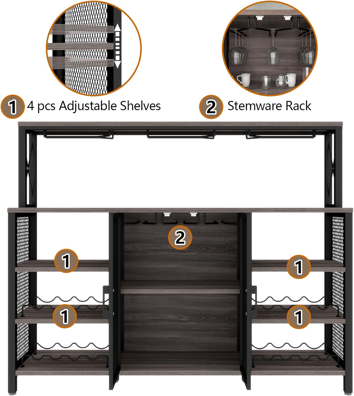 Bar Cabinet, 55 Inches Industry Coffee Bar Cabinet with Wine Rack and Glass Holder, Kitchen Sideboard Buffet Cabinet with Wine Rack Storage for Liquor and Glasses (Rustic Grey)