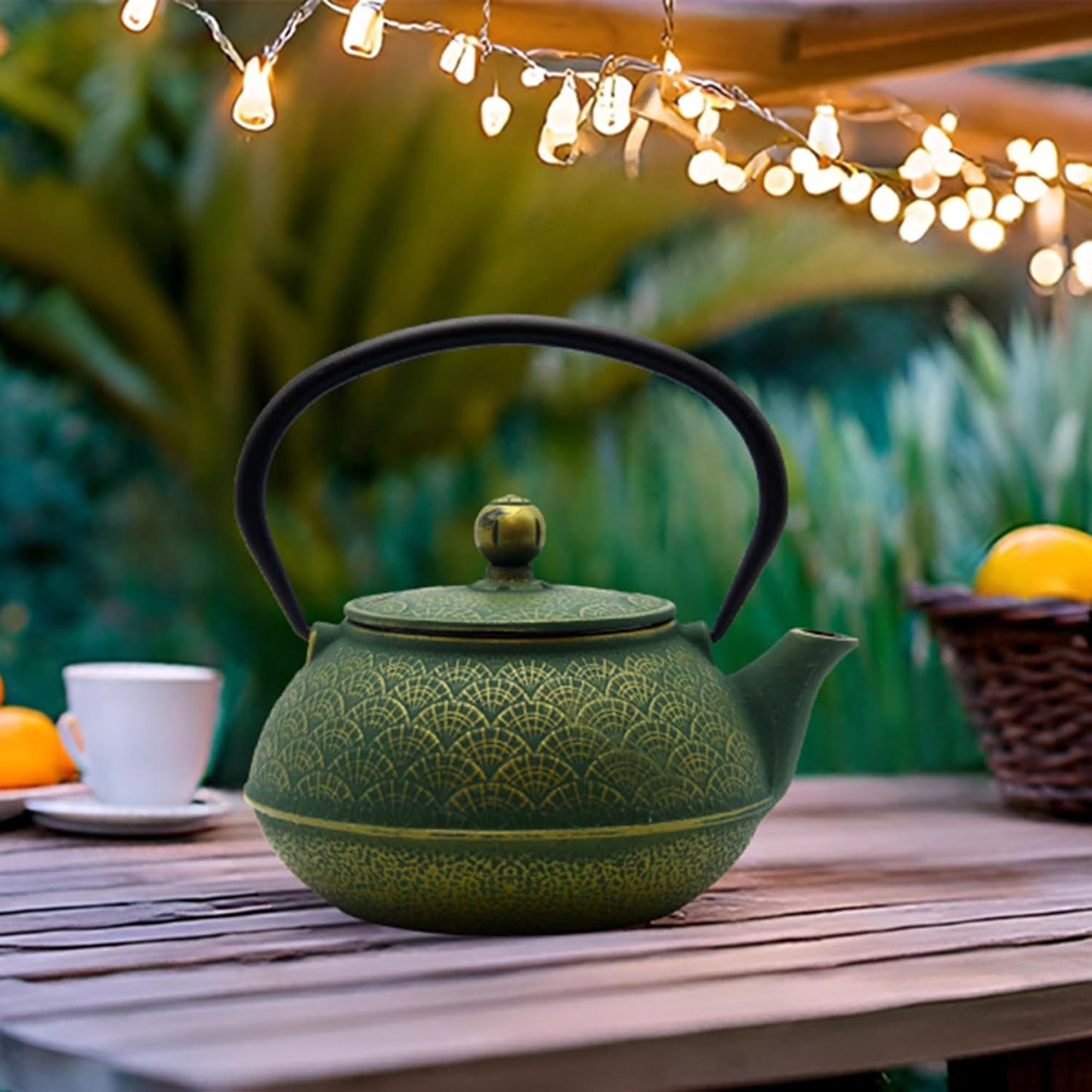 900ml Cast Iron Tea Kettle,SECHUDO Teapot Coated with Enameled Interior for Loose Leaf, Small Cast Iron Teapot with Strainer for Stovetop Safe, Green Iron Kettle(30.4oz)