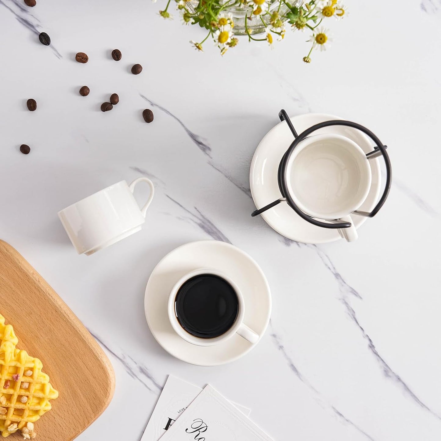 4oz Porcelain Stackable Espresso Cups with Saucers and Metal Stand Set of 4, Stackable Cappuccino Cups, White Expresso Shots Cup Set for Coffee Drinks, Latte, Americano, Tea