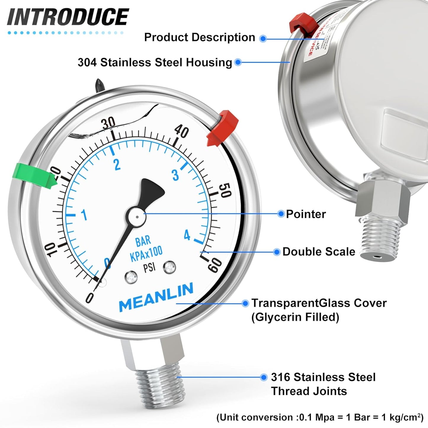 MEANLIN MEASURE 0~60Psi Stainless Steel Liquid Filled Pressure Gauge 2.5" FACE DIAL 1/4" NPT for Pool Filter Pump Water Oil Air Compressor Lower Mount with Stainless Steel Hex Bushing and Snaps