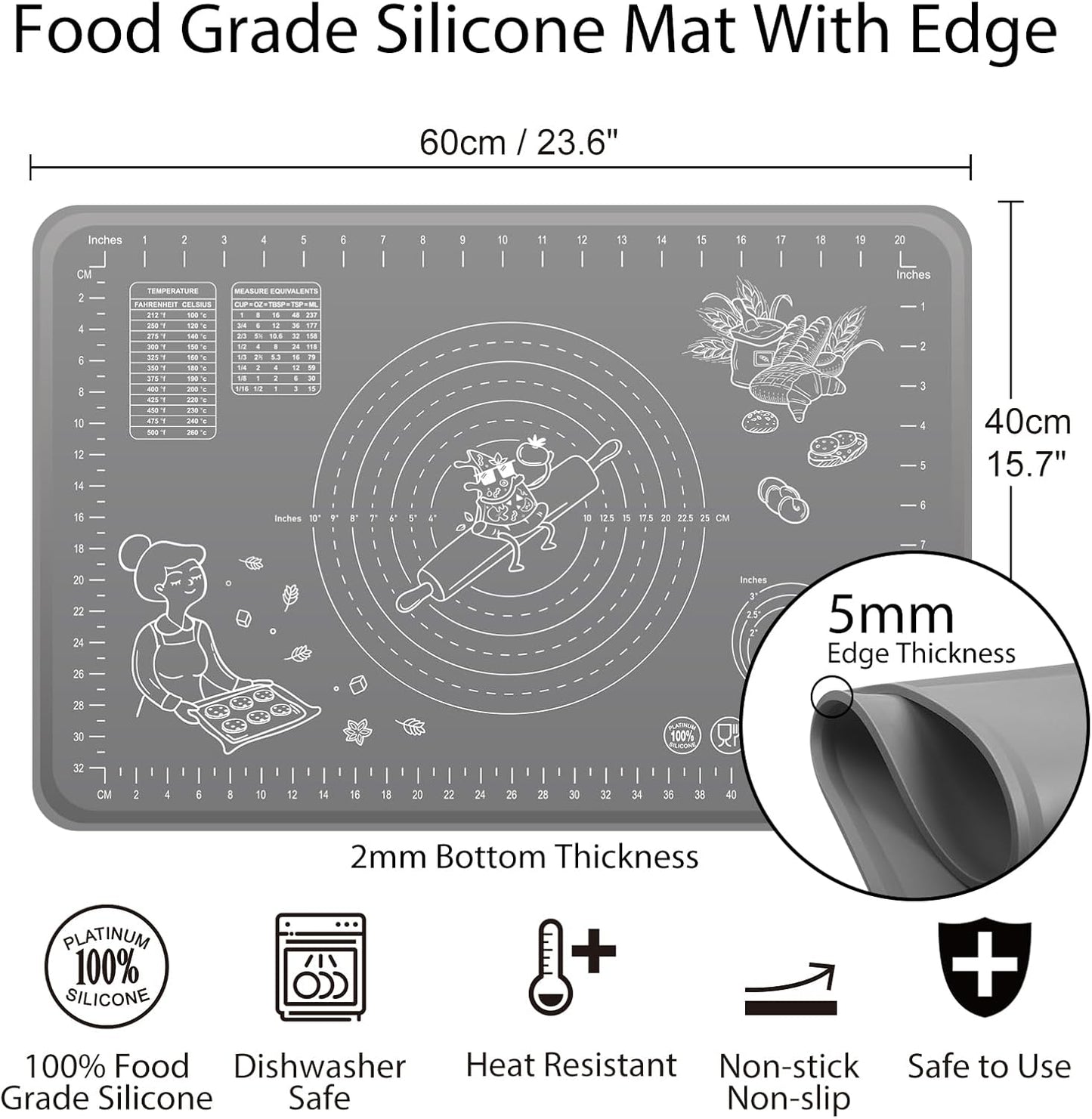 Silicone Baking Mat 24" x 16" Extra Thick Non-stick Pastry Mat with Measurements and Edge Heightening, Food Grade Silicone for Countertop Dough Rolling Making Bread, Cookies, Pizza, Fondant, Pasta