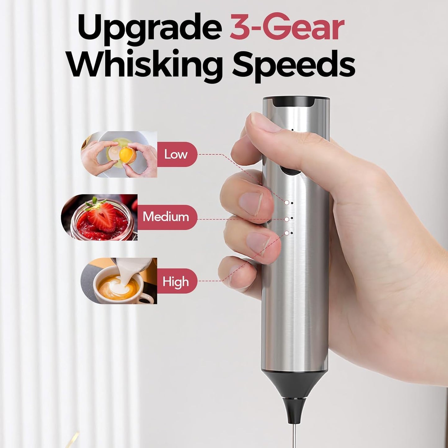 YARRAMATE Rechargeable Milk Frother Wand Handheld With Stand, 3 Speed Adjustable Drink Mixer with 2 Whisks, Stainless Steel Electric Stirrer for Coffee, Lattes, Protein Shakes, Matcha, Egg