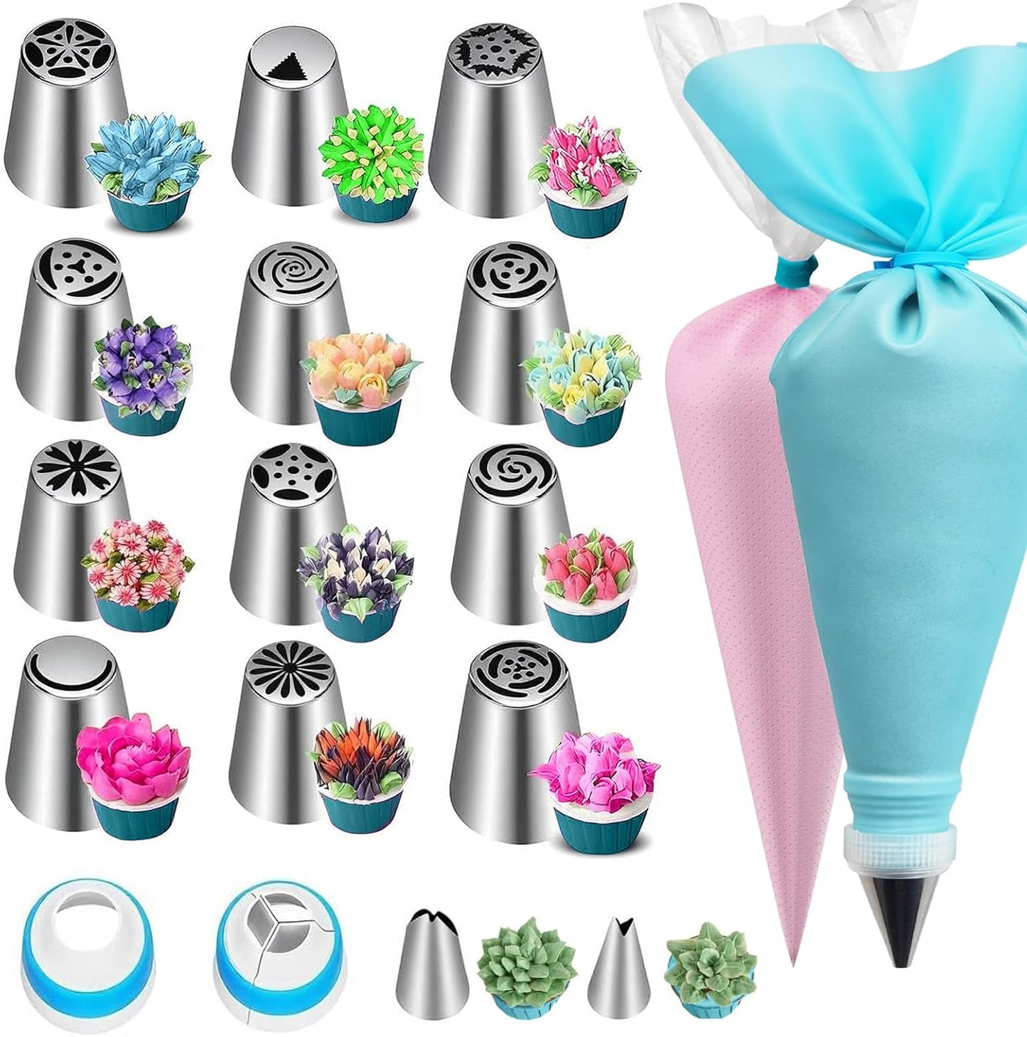 Russian Piping Tips Set – 12 Flower Frosting Nozzles, 2 Leaf Piping Tips, 2 Couplers, 20 Pastry Bags & 1 Reusable Bag – Large & Mini Russian Piping Tips for Cake Decorating, Cupcakes, Cookies