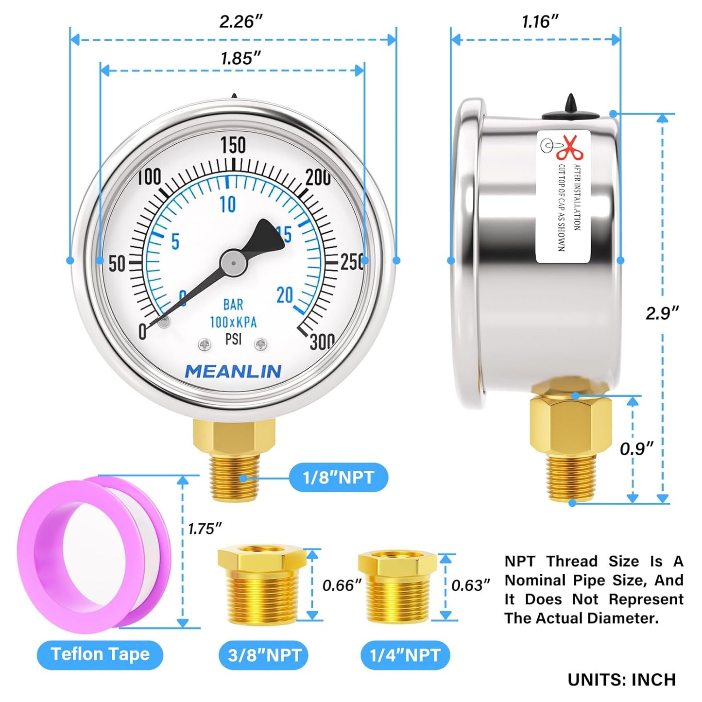 MEANLIN MEASURE 0~300Psi Dry Pressure Gauge Stainless Steel 1/8" NPT 2" FACE DIAL Waterproof for Air Compressor Air Regulator Water Filter Lower Mount, with 1/4" NPT and 3/8" NPT Hex Bushing