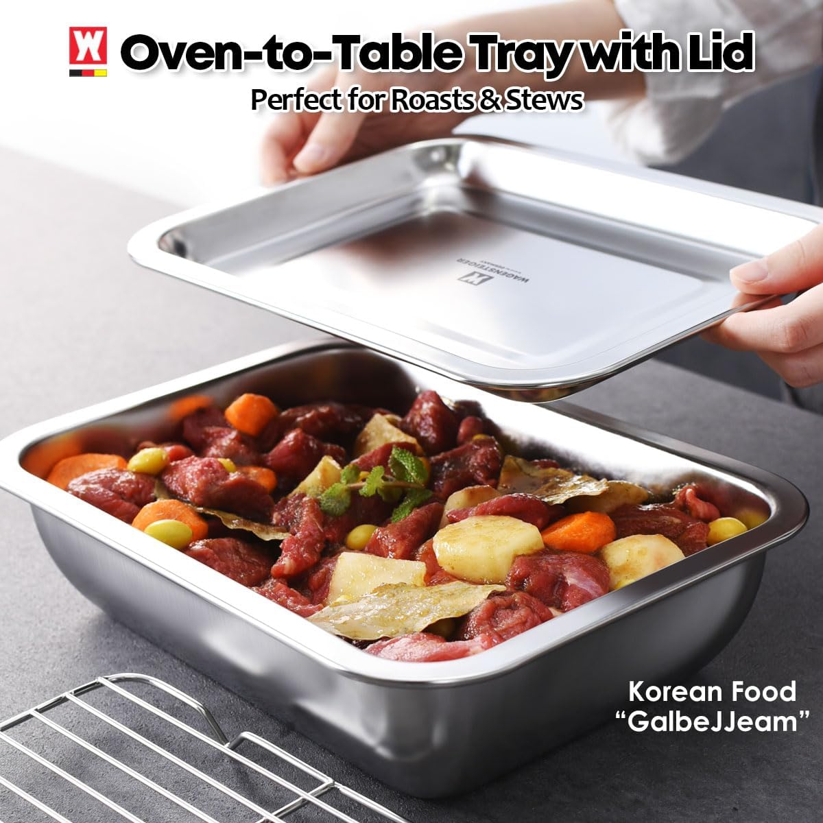 Stainless Steel Steam Table Pan with Rack & Lid (Tray), 2.96Quarts – Buffet Roaster Tray for Catering, Restaurant, Baking & Food Prep (1303 / No3)