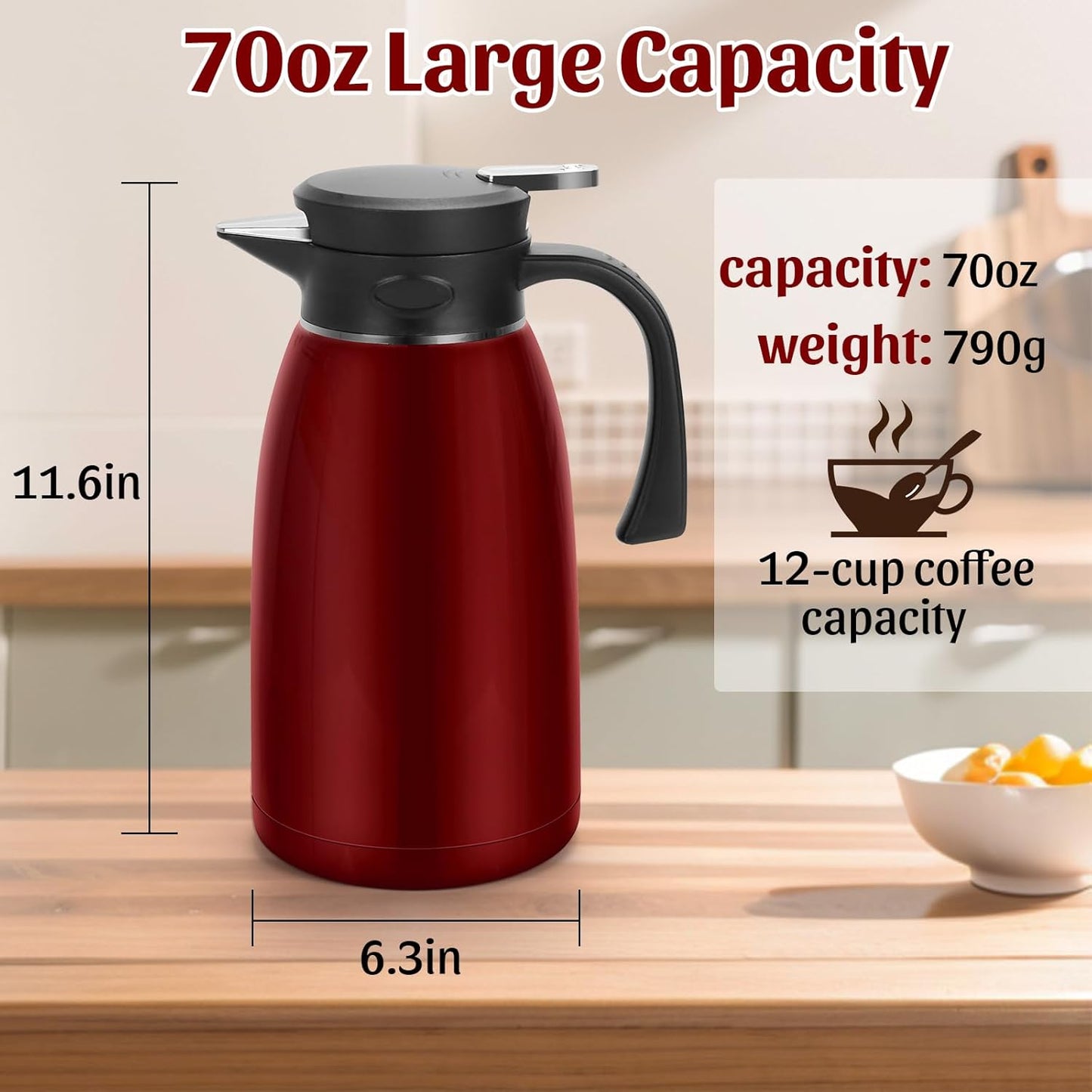 70oz Thermal Coffee Carafe, 2L Stainless Steel Thermos for Hot Drinks, Double Wall Vacuum Carafe for Hot Liquids Large Tea Thermos for Home School Office for Valentine's Day Burgundy
