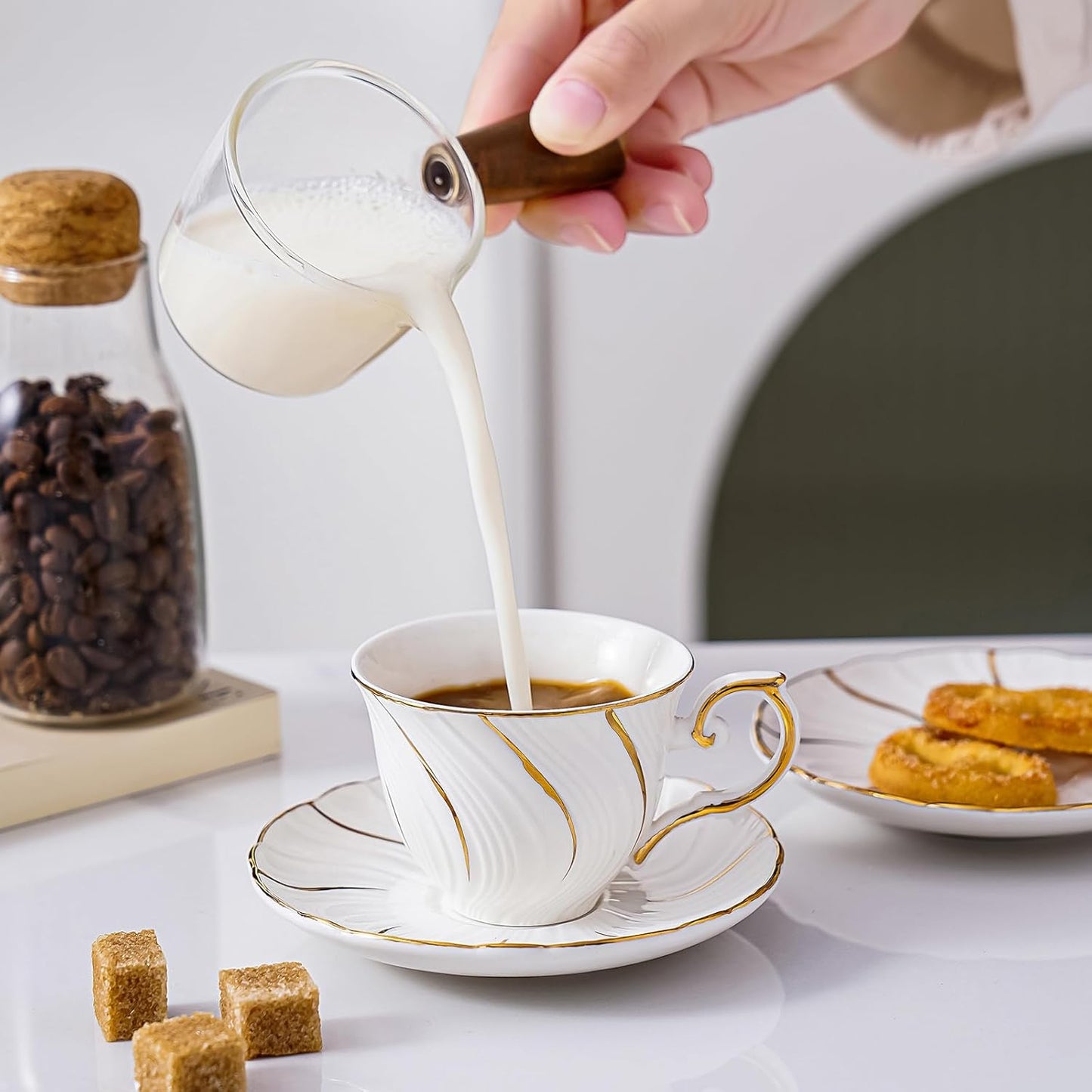 Ceramic Mini Espresso Cups Set of 4,3oz Espresso Mugs with Saucer,Porcelain Coffee Mugs Demitasse Cups, Modern Style cups for Latte, Cafe Mocha(4, White with gold thread)