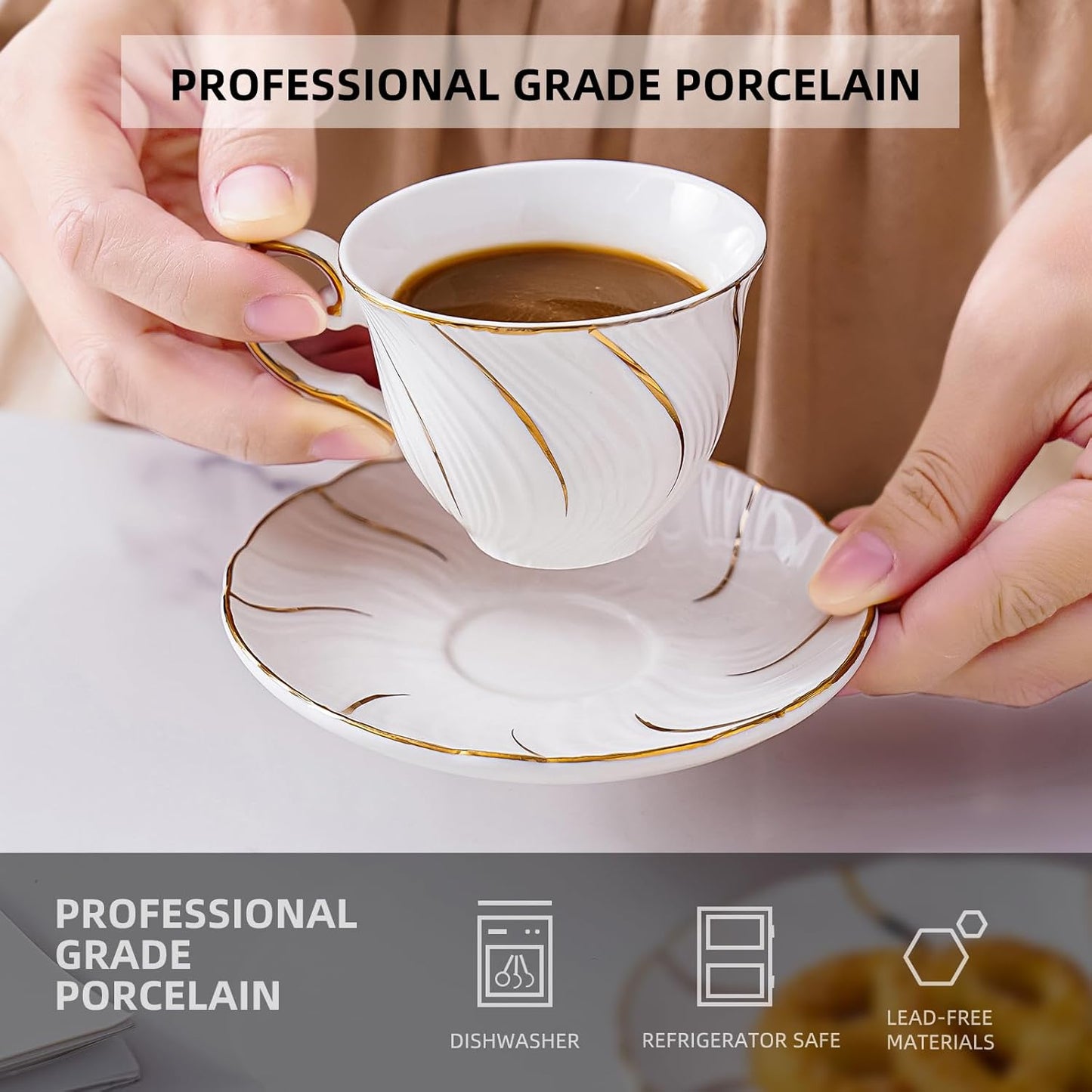 Ceramic Mini Espresso Cups Set of 4,3oz Espresso Mugs with Saucer,Porcelain Coffee Mugs Demitasse Cups, Modern Style cups for Latte, Cafe Mocha(4, White with gold thread)