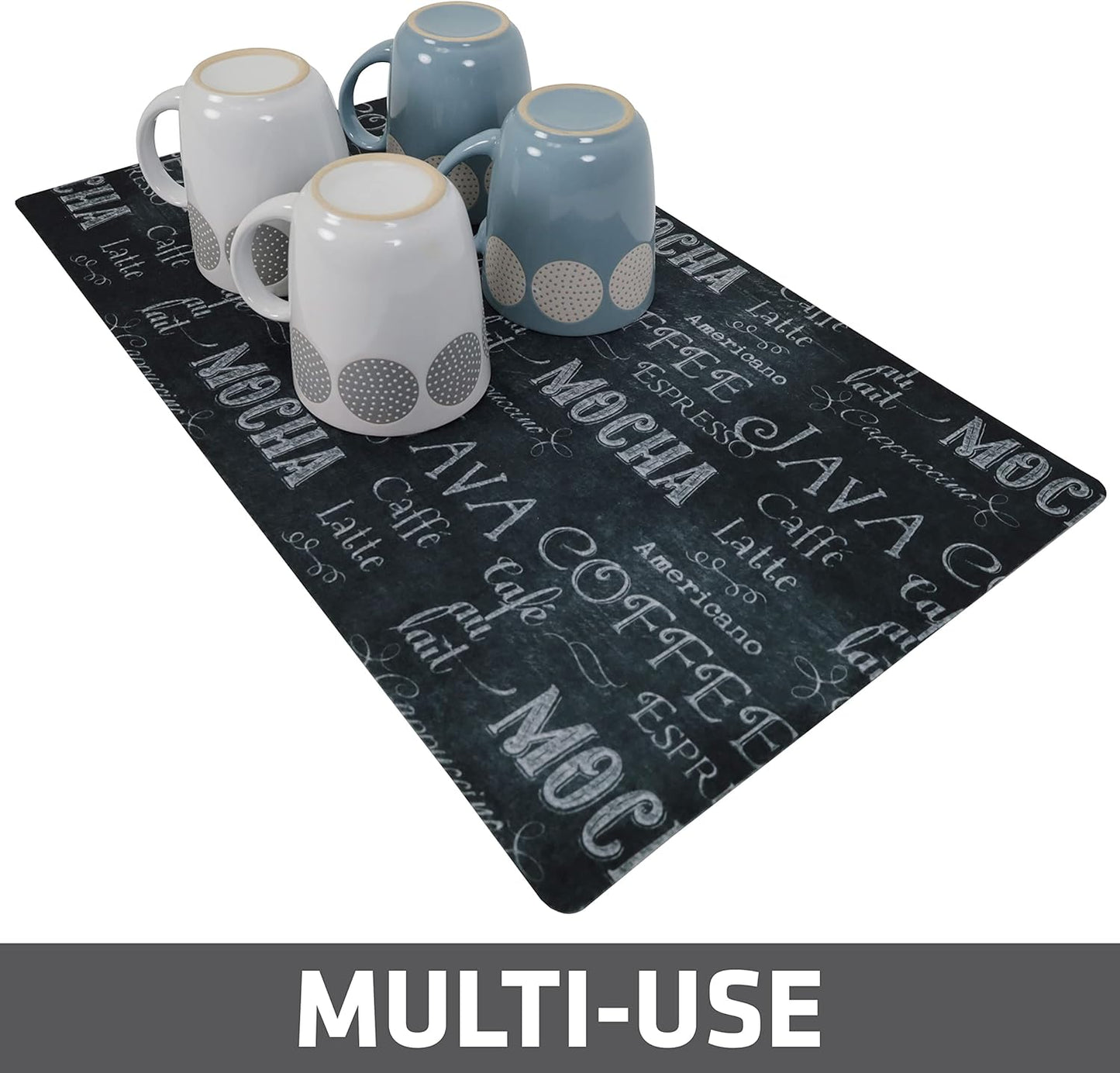 Drymate Coffee Maker Mat, (Coffee Station Bar Accessory) Protects Kitchen Countertops From Spills, Stains & Scratches, Absorbent, Waterproof, Washable (USA Made) (12” x 20”) (Java Chalkboard)