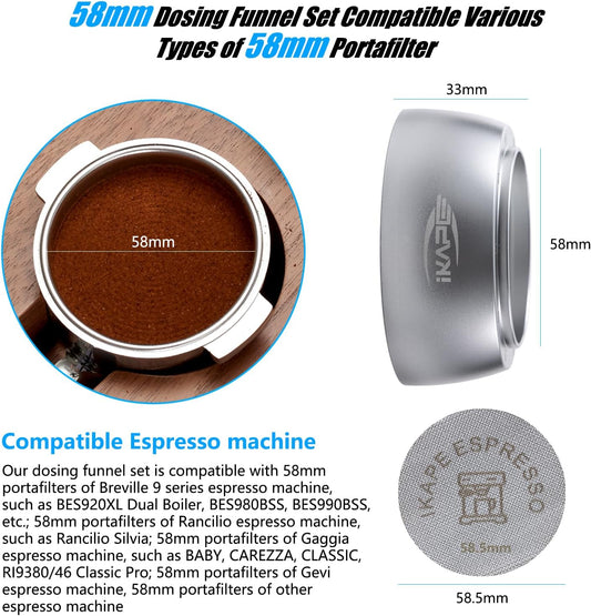 IKAPE Magnetic Dosing Funnel Set, 58MM Espresso Dosing Ring & Puck Screen Kit Compatible with 58MM Bottomless Portafilter - with 10 Small Magnet (Silver)