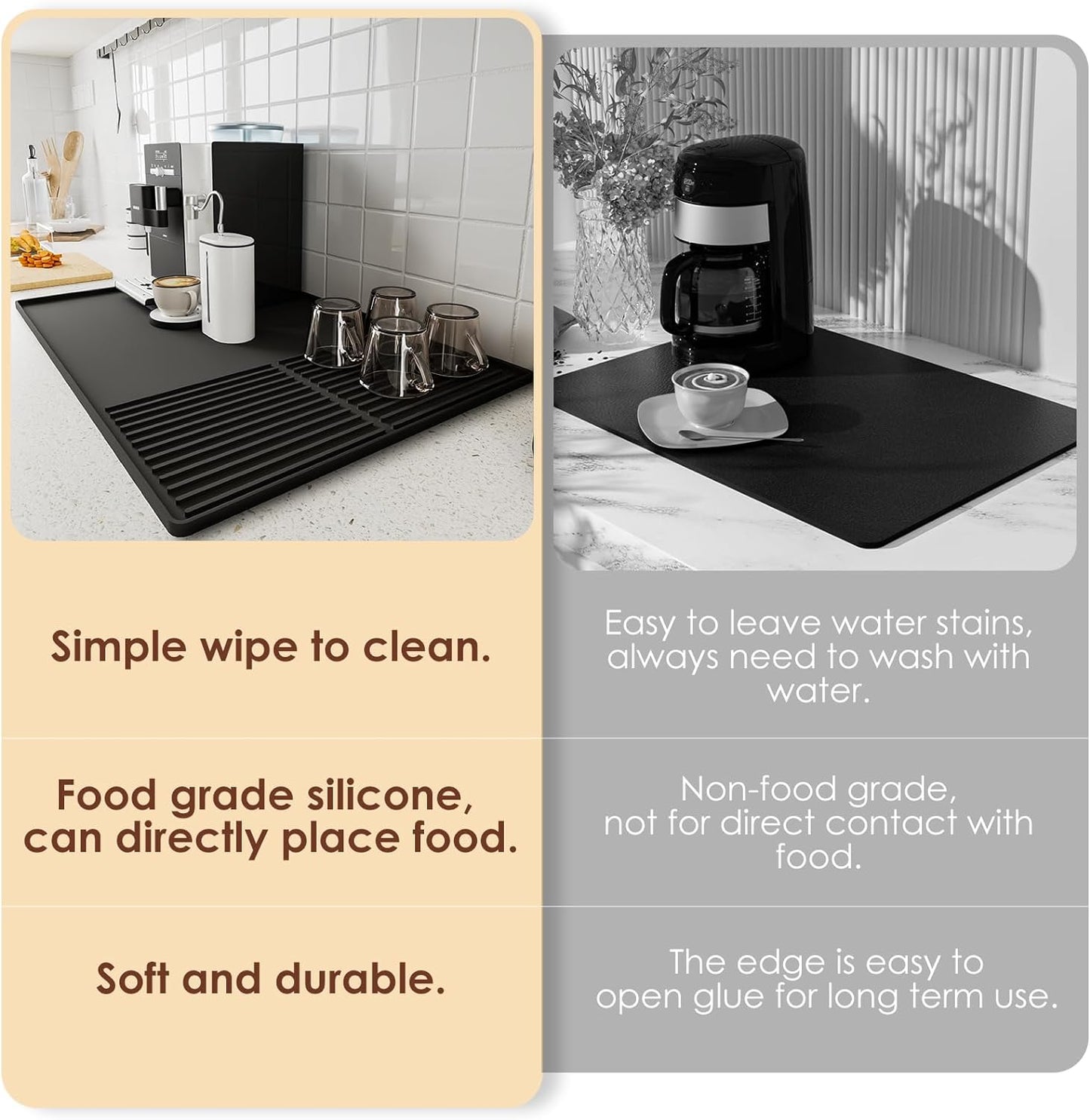 Silicone Coffee Mat with Raised Edges, 20'' X 12'', Bar Mat for Countertops, Fits Under Coffee Maker, Espresso Machine, Dish Drying Mat (BLACK)