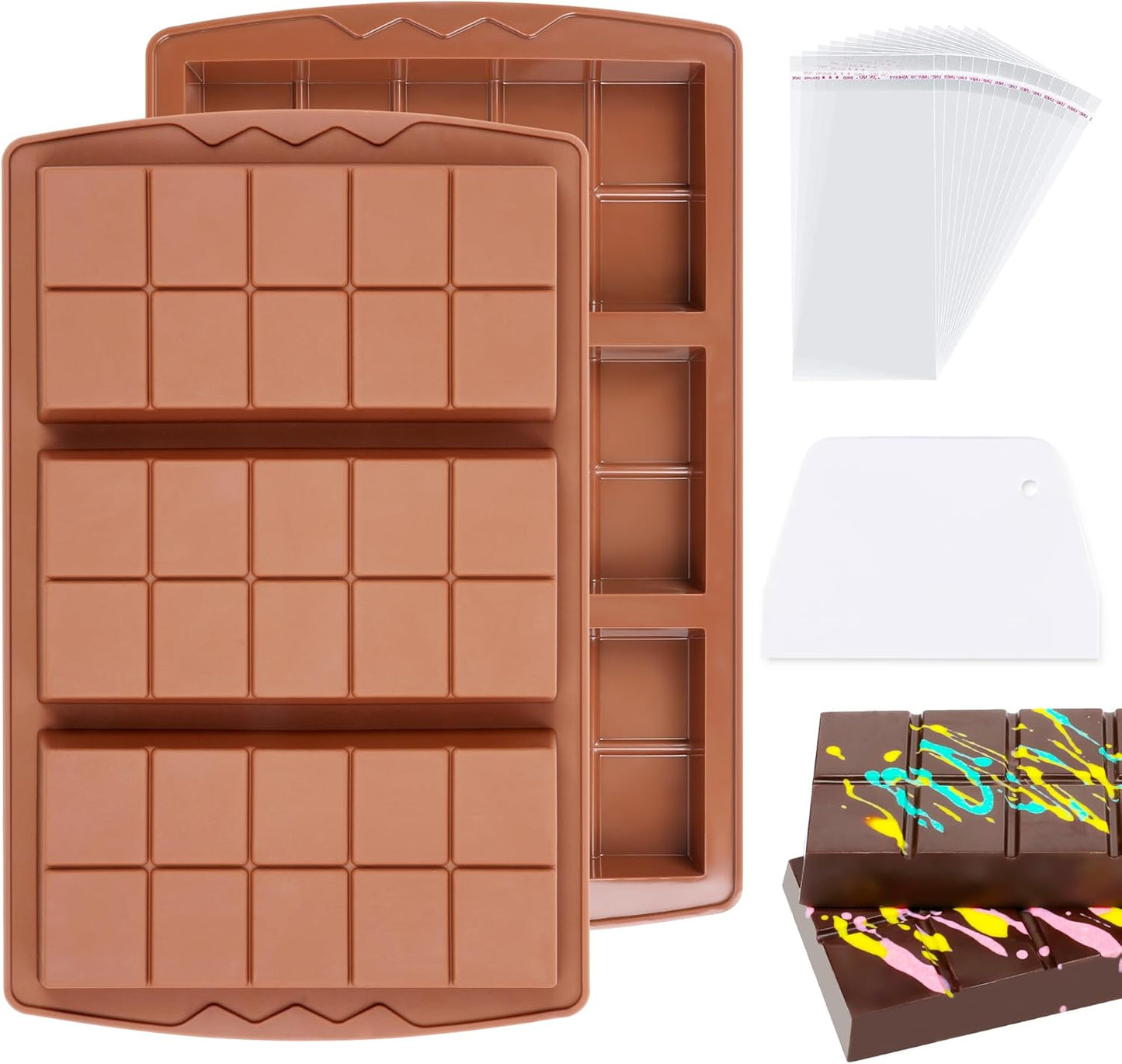 2 Pcs Chocolate Bar Molds Deep Large Chocolate Molds Silicone Break Apart Thick Silicone Molds for Candy Bar, With 100 Pcs Bags and 1 Pc Scraper Set (10 Snap）