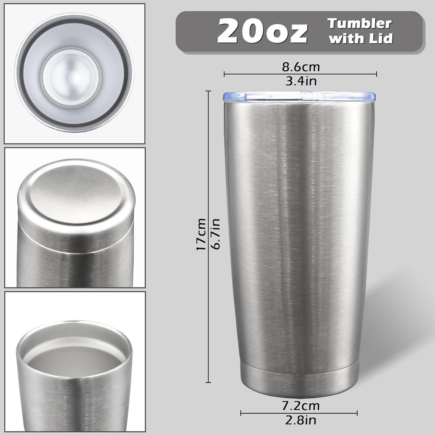 20oz Tumbler Bulk Stainless Steel Tumblers with Lid Vacuum Insulated Double Wall Travel Coffee Mug Powder Coated Tumbler Cup for Hot and Cold Drinks(Stainless Steel, 1 pack)