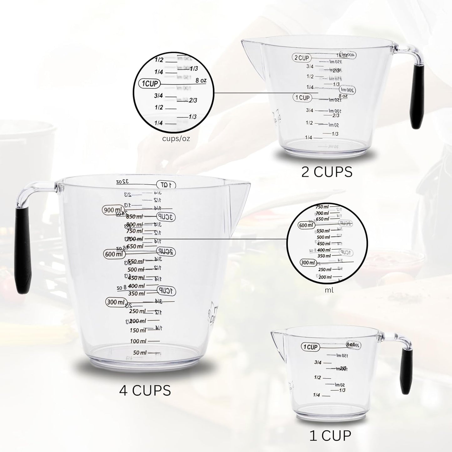 Measuring Cup Set - Clear Plastic Measuring Cups for Liquids Batter Flour Powder - Measuring Cups with Handle & Spout (8/16/32) oz