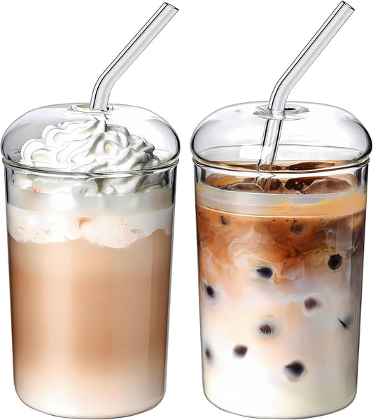 2 Pcs Drinking Glasses with Glass Lids and Glass Straw 16oz Glassware Set,Iced Coffee Glasses,Ideal for Water,Soda,Tea,Gift - with Cleaning Brushe