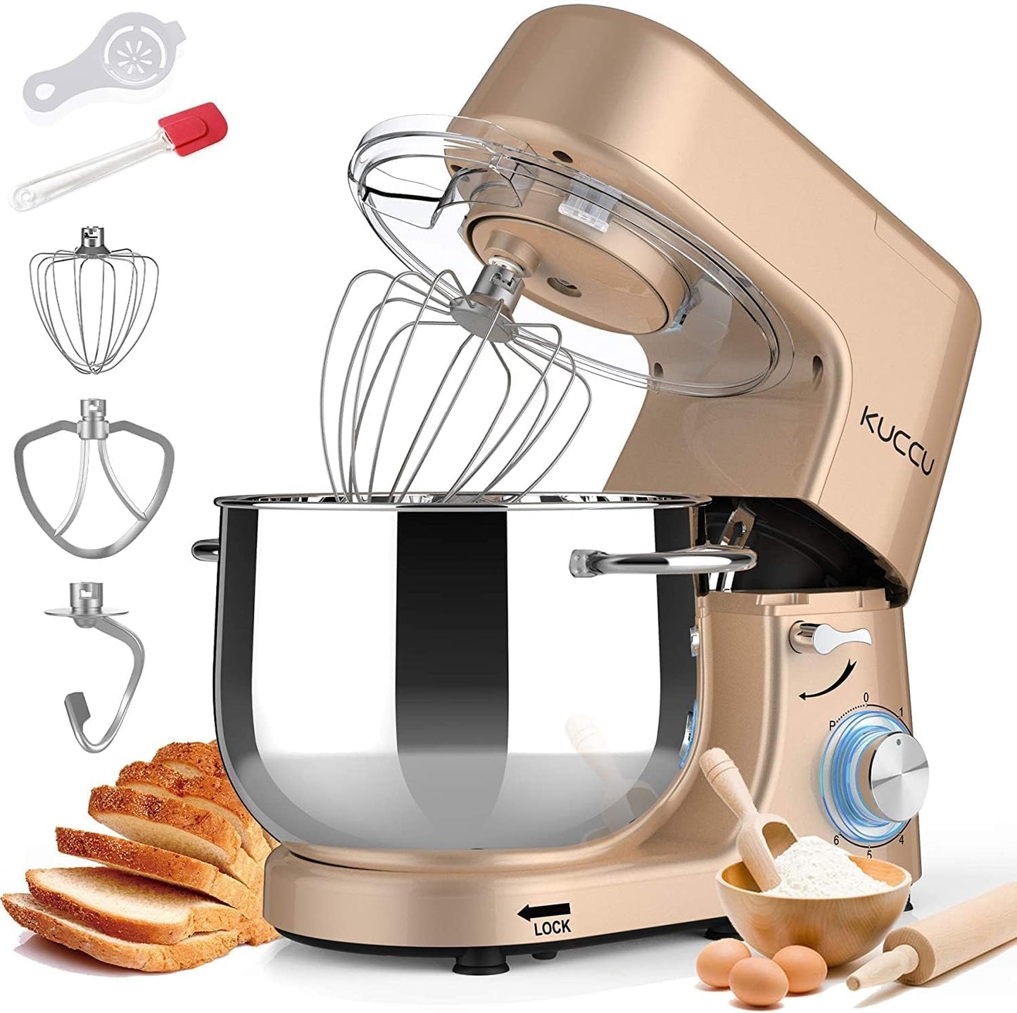 9.5 QT Double Handle KUCCU Stand Mixer, 6 Speed with Pulse Electric Kitchen Mixer, 660W Tilt-Head Food Mixer with Dishwasher-Safe Dough Hook, Flat Beater, Whisk, Splash Guard for home baking (Gold)