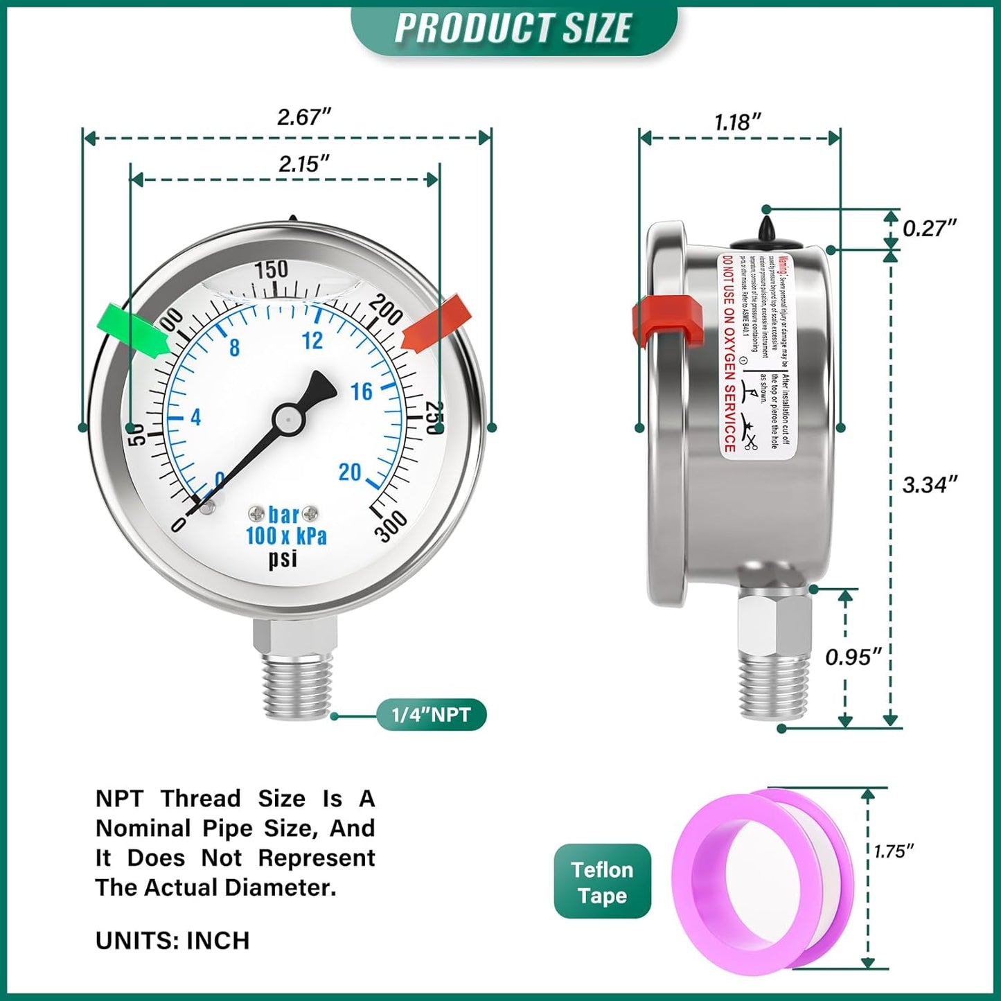 0-300PSI Stainless Steel Liquid Filled Pressure Gauge, 2.5" Dial Size, 1/4" NPT 316 Stainless Steel Joint, Lower Mount, for Tube, Water Pump, Gas, Liquid (with Range Mark Pointer)