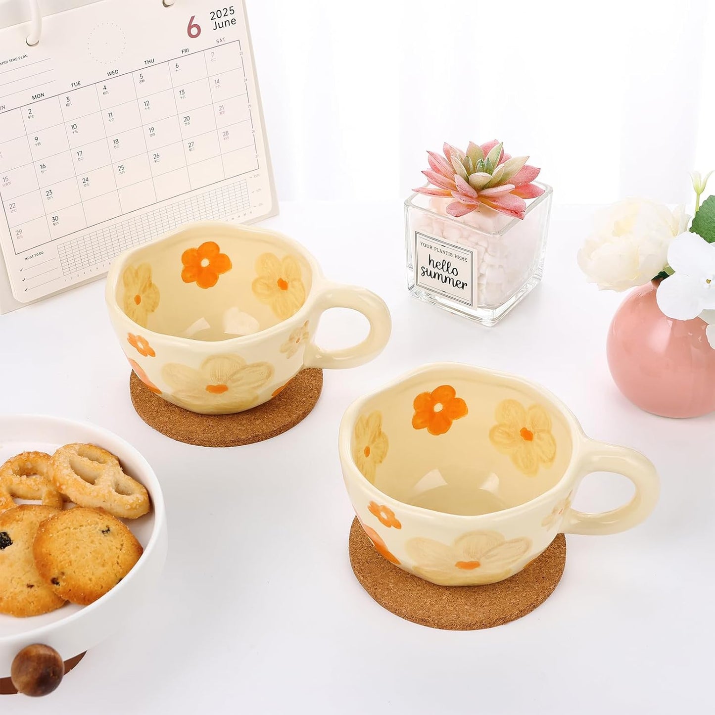 Ceramic Coffee Mug Set of 2 Vintage Flower Mugs 8 oz Cute Floral Coffee Mugs Irregular Latte Art Cup Lead-free Porcelain Cups for Cappuccino, Cocoa (2 Orange Flower)