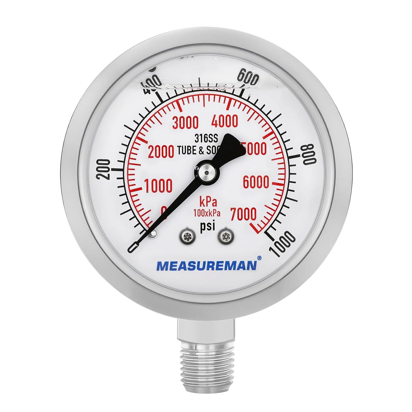 MEASUREMAN Pressure Gauge, 0-1000 PSI/kPa, Glycerin Filled, 1/4 NPT Lower Mount
