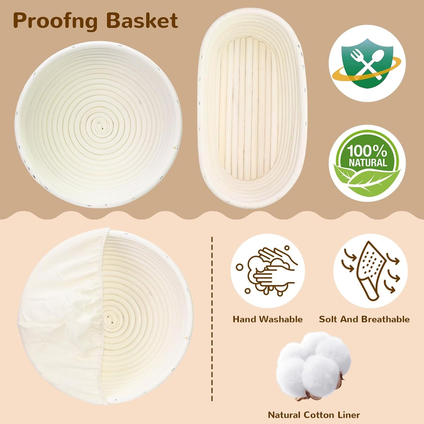 Sourdough Starter Kit,9 Inch Round & 10 Inch Oval Banneton Bread Proofing Basket with Dough Whisk Bread Lame Dough Scraper Bowl Scraper Silicone Brush Sourdough Bread Baking Supplies
