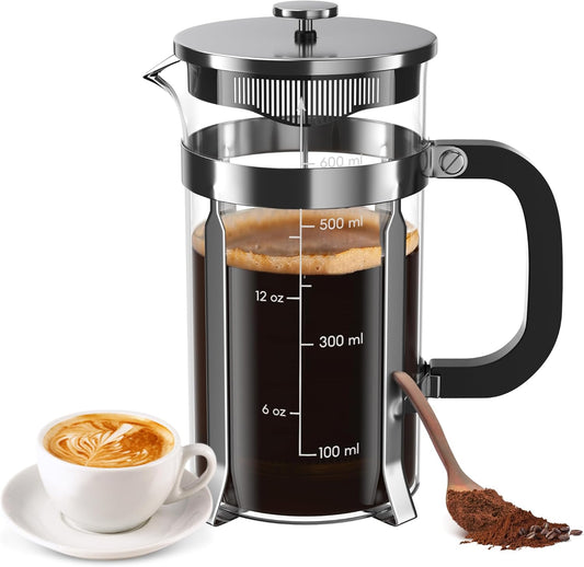 21 Ounce / 600ML French Press Coffee Maker - Stainless Steel & Borosilicate Glass, 4 - Filter for Smooth Brews - Perfect for Cold Brew, Espresso & Tea