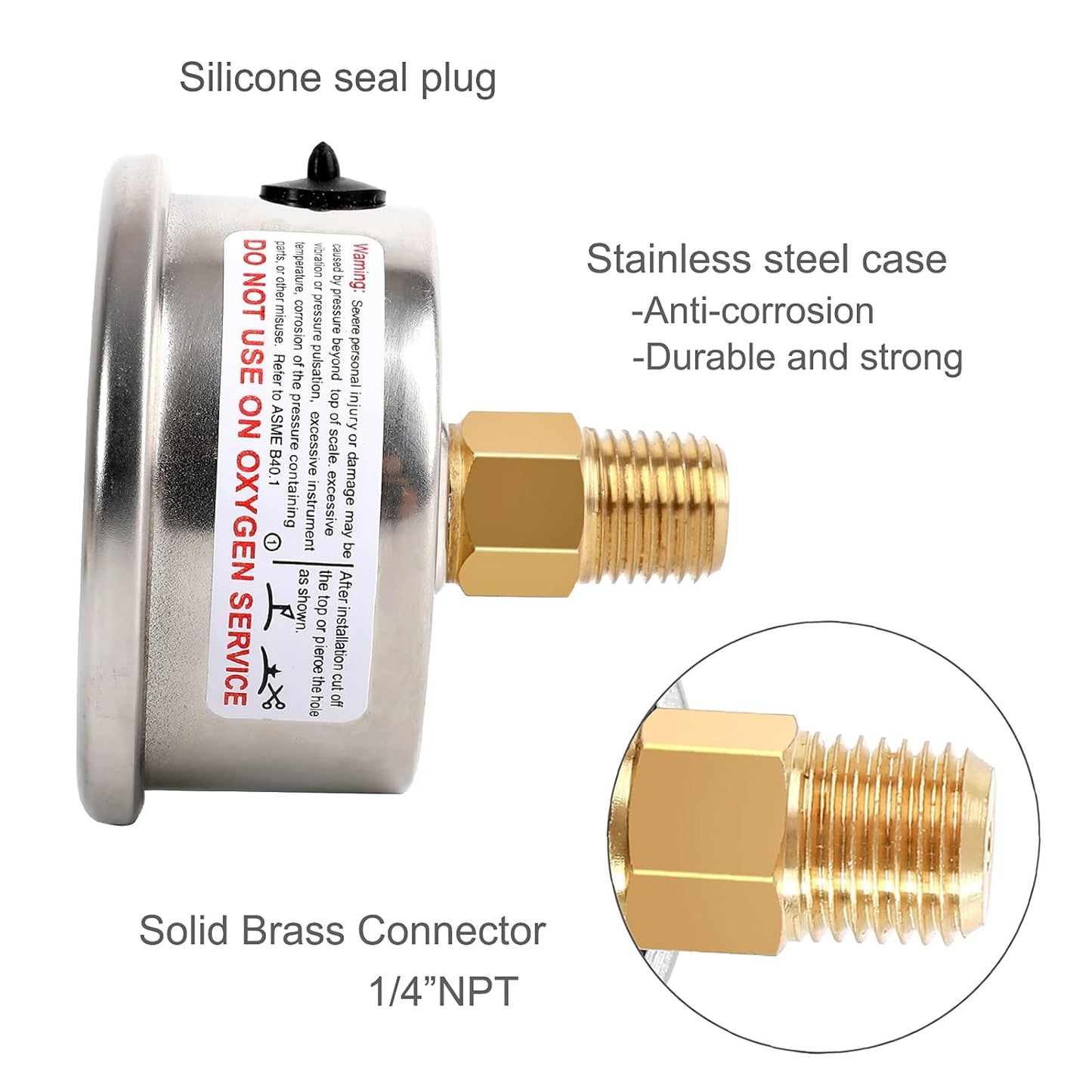Glycerin Filled Low Pressure Gauge 60psi/4bar, Stainless Steel case, Brass Inside Construction, 2-1/2" dial, 1/4" NPT Back Connection…