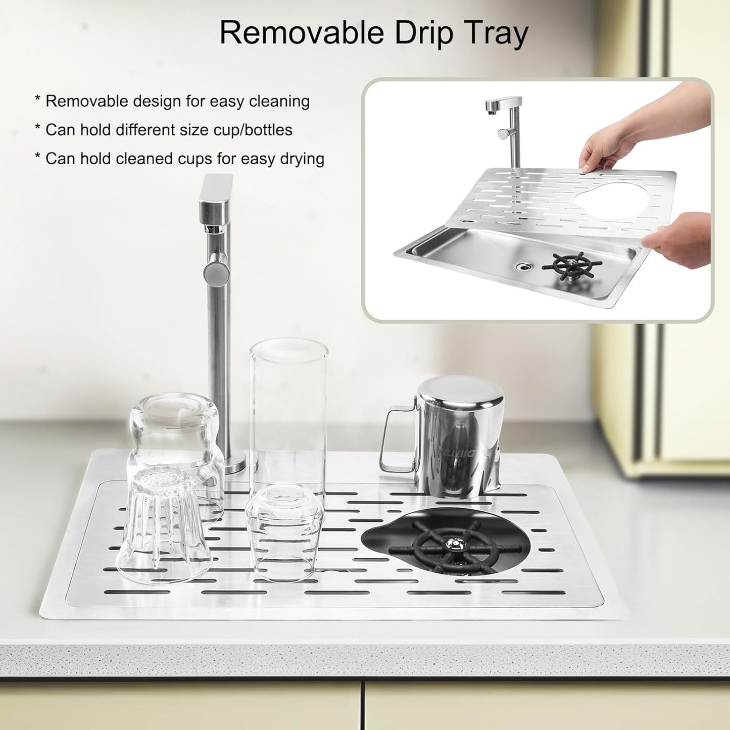 DIBTSA Pitcher Rinser, Stainless Steel Countertop Glass Rinser Cup Washer Sink with Side Spray,Drip Tray for Home Cafe Restaurant