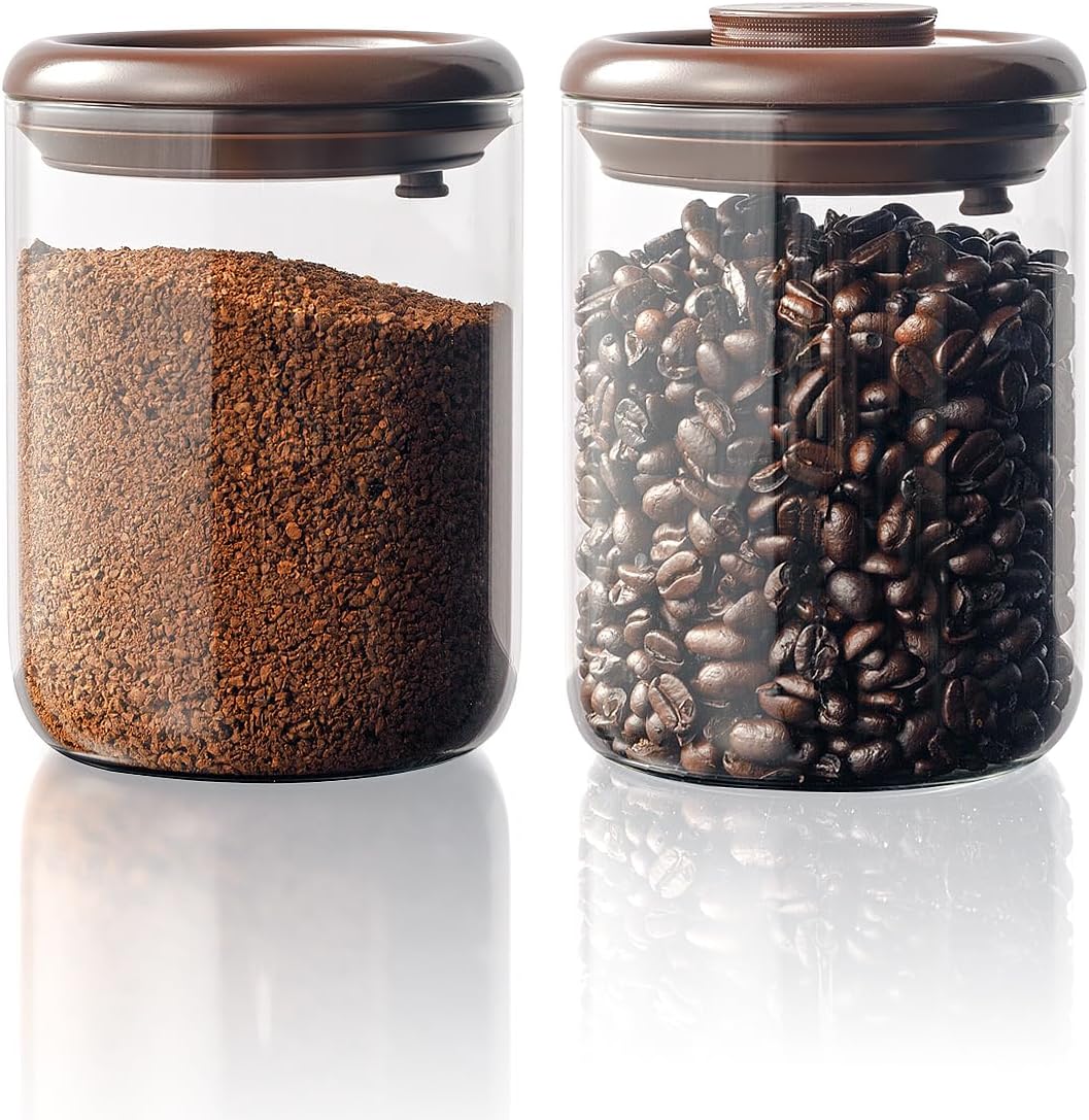 Glass Coffee Container - 900ml x 2 Pop Top Coffee Storage Airtight Canister, Large Ground Coffee Containers Coffee Jars with Lids 300g Brown