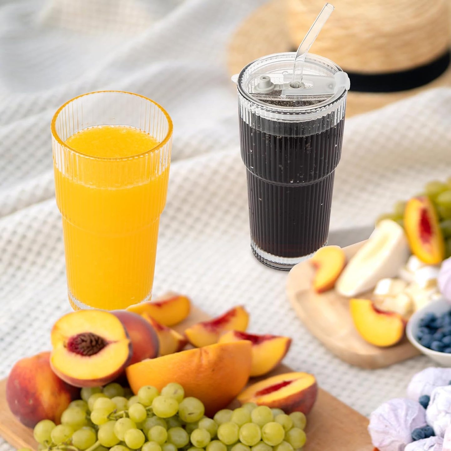 20oz Ribbed Glass Cups with Lids and Straws 2 Set, Vintage Glassware for Whiskey Cocktail Beer, Glass Tumbler, Iced Coffee Cups For Cold Drinks, Smoothie, Juice,Drinking (2)