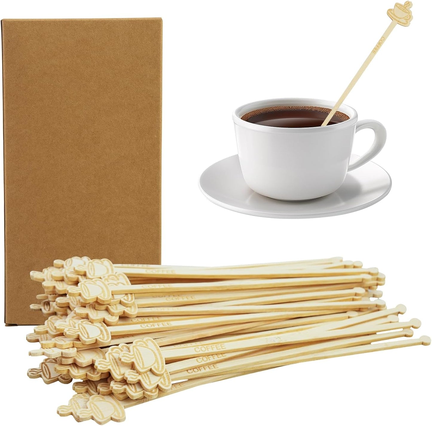 60Pcs Coffee Stirrers-7Inch Natural Bamboo Stir Sticks Beverage Mixer with Coffee Ends Disposable Environmentally Friendly Biodegradable Cafe Grade Stir Sticks for Cocktails Milk Tea Hot & Cold Drinks