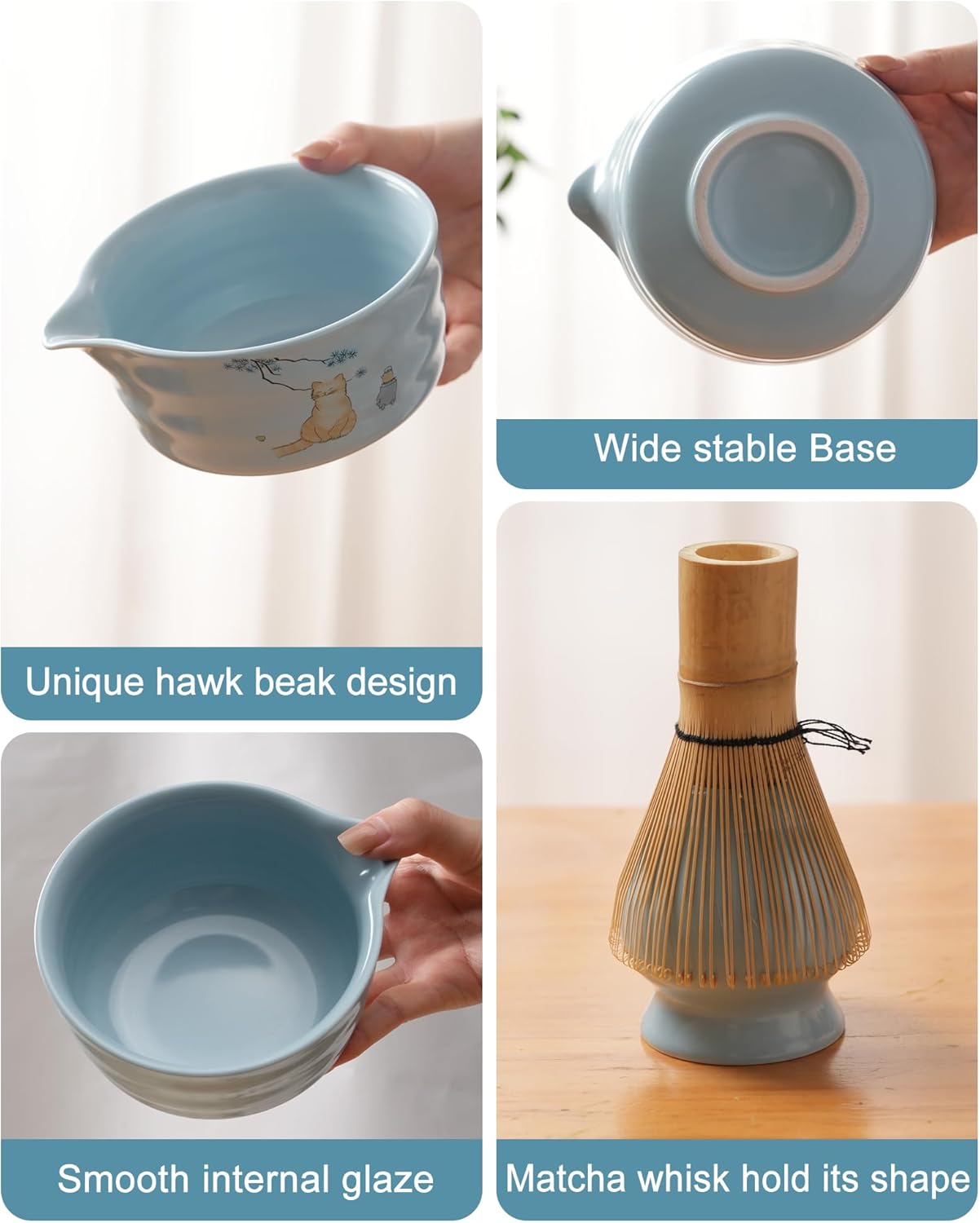 Matcha Set, Japanese Tea Set Includes Matcha Bowl, Matcha Whisk and Holder, Bamboo Scoop, Scoop Rest, Sifter and Tea Towel-7 Pcs, Ceramic Matcha Kit for Tea Lovers (Blue)