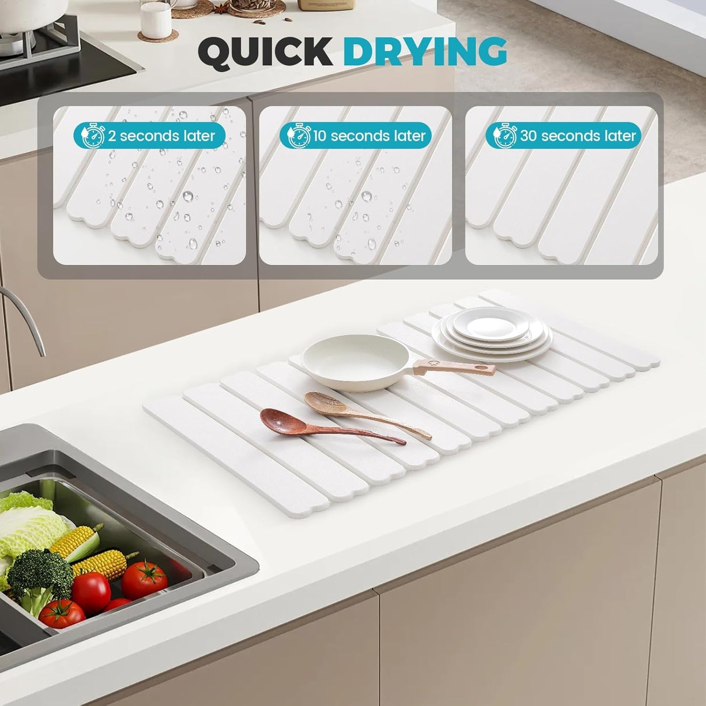 Extral Large Quick Dry Stone Drying Mat for Kitchen Counter,28x16 Inch Collapsible Eco-Friendly Absorbent Diatomaceous Earth Mat for Dishes Cups,Dish Drying Mats (White-Love Shape, 28x16 inch)