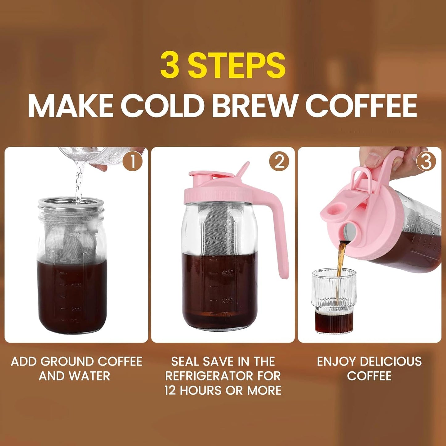 Cold Brew Coffee Maker,32 oz Mason Jar Pitcher with Stainless Steel Filter, Pour Spout Handle Lid, Heavy Duty Glass Airtight & Leak-Proof Pitcher for iced coffee Tea Lemonade-Pink