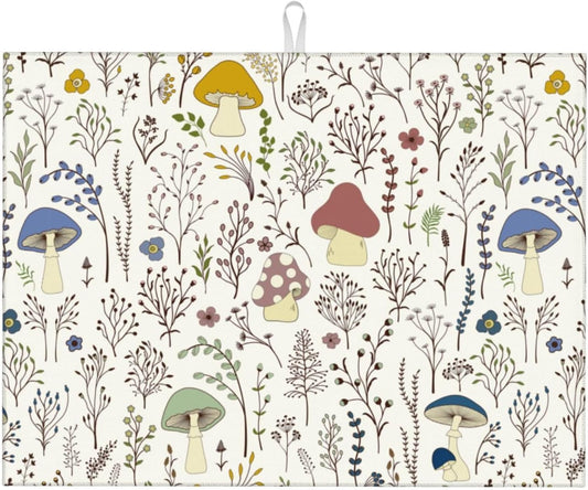 Cute Mushrooms Wild Plant Dish Drying Mat 18"x24" Microfiber Absorbent Fast Dry Mat for Kitchen Counter Coffee Bar Colored Mushroom Large Drying Mat Kitchen Decor Gifts