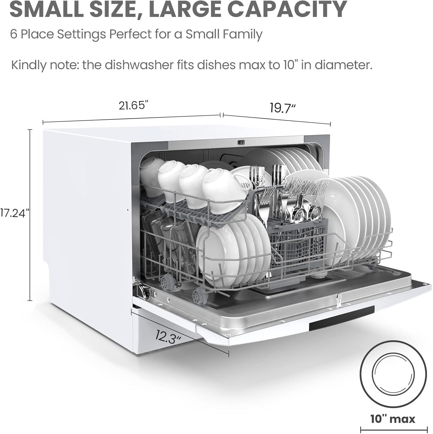 COMFEE’ Portable Mini Dishwasher, Energy Star, Countertop, 6 Place Settings, with 8 Washing Programs, Speed, Baby-Care, ECO& Glass, Dish Washer for Dorm, RV& Apartment, White