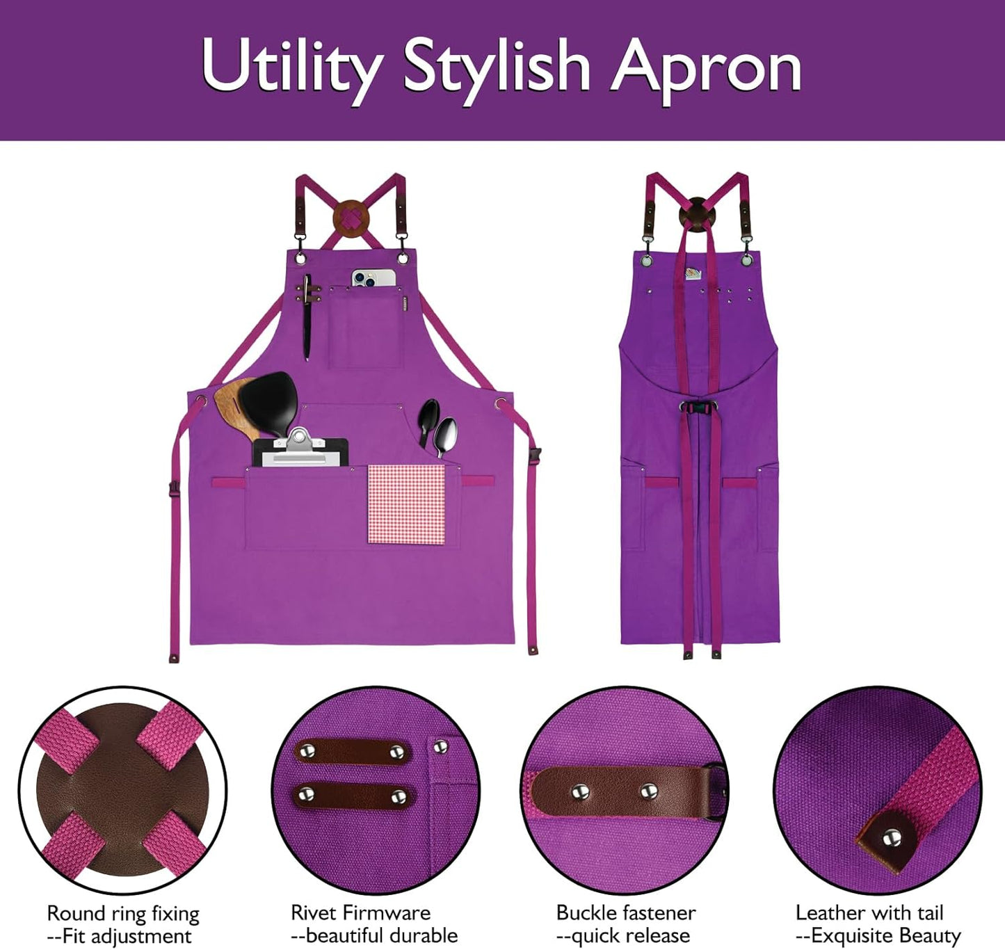 Kitchen Apron, Work Apron, Canvas, Multiple Pockets, Gardening, Painting, BBQ, Artist, Carpenter, Sizes M to XXL, Purple