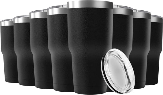 30oz Stainless Steel Travel Mug with Lid, 8 Pack Double Wall Vacuum Insulated Bulk Tumbler, Powder Coated Coffee Cup Suitable for Vehicle Cup Holders(Black)