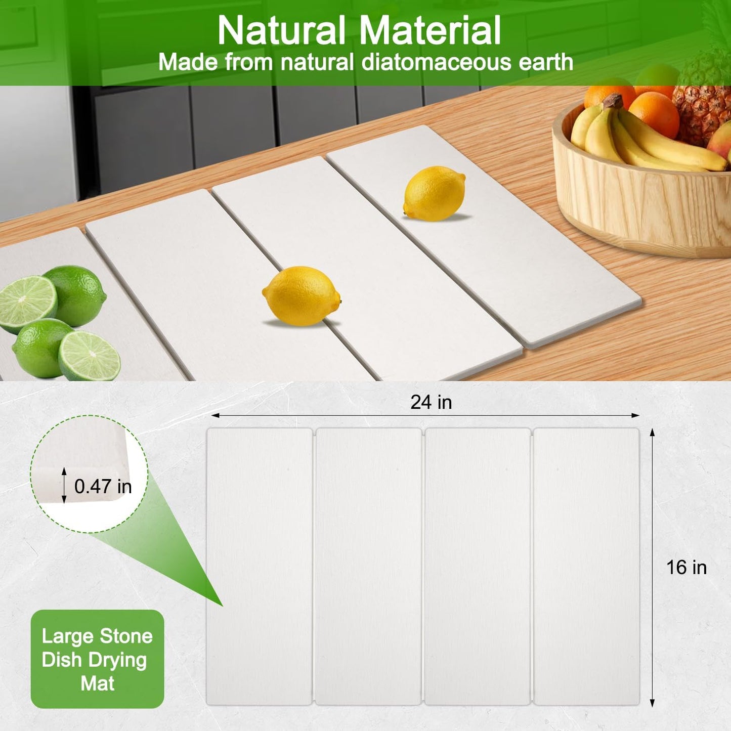 Large Dish Drying Mat for Kitchen Counter,24"×16"Fast Dry Pad Absorbent Countertop Mat, Heat-resistant Mat,Diatomaceous Earth Mats,White