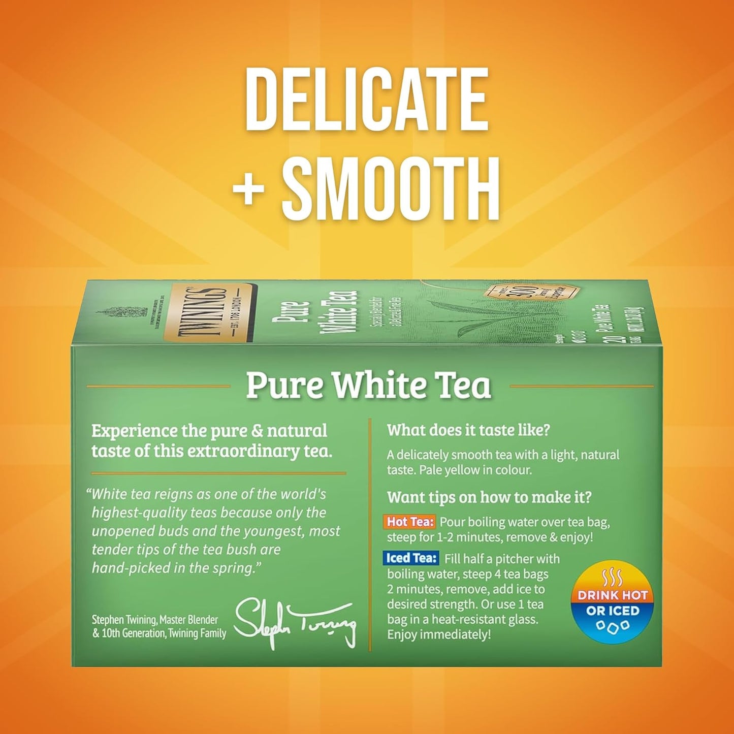 Twinings Pure White Tea Individually Wrapped Bags, 20 Count (Pack of 1), Light & Fresh, Caffeinated, Enjoy Hot or Iced, 20 Teabags