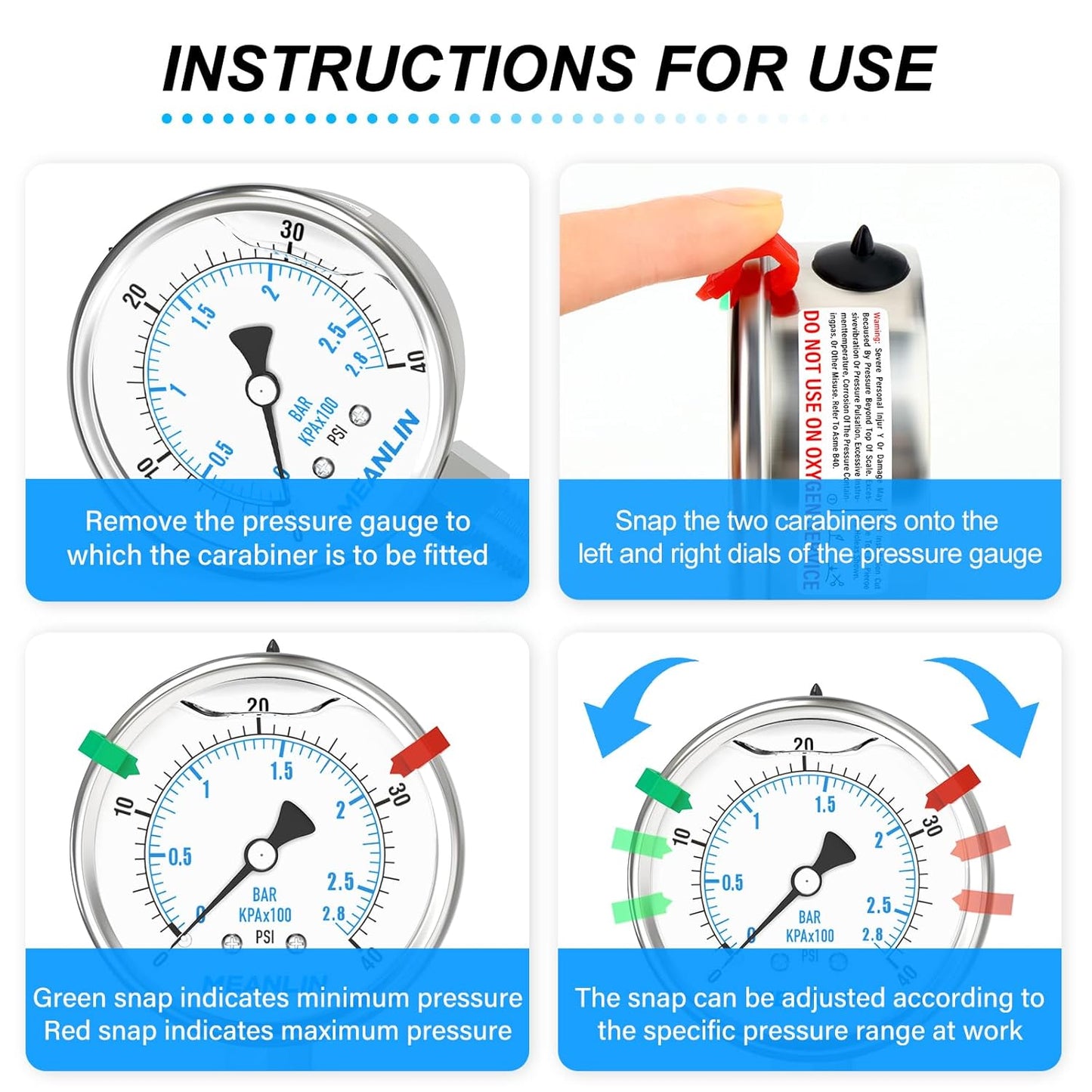 MEANLIN MEASURE 0~40Psi Stainless Steel Liquid Filled Pressure Gauge 2.5" FACE DIAL 1/4" NPT for Pool Sand Filter Water Oil Air Pressure Test Lower Mount with Stainless Steel Hex Bushing and Snaps