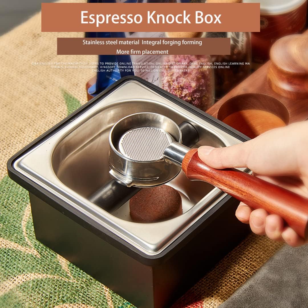 Coffee Knock Box, Stainless Steel Dump Bin Espresso Knock Box for Coffee Grounds with Removable Non-Slip Base Shock-Absorbent for Knocking Portafilter Filter Grinds (S)