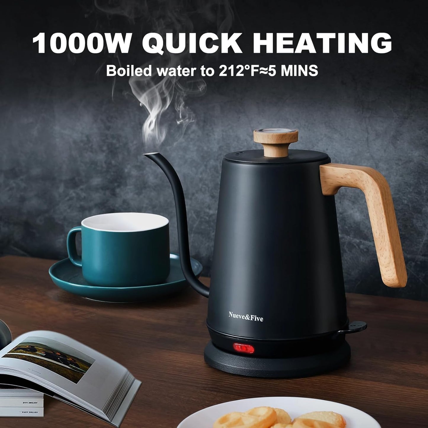 Nueve&Five Gooseneck Electric Kettle with Thermometer， Black Electric Kettle 1L with Auto Shut-Off，1000W Hot Water Kettle of Stainless Steel， Pour Over Kettle for Coffee & Tea
