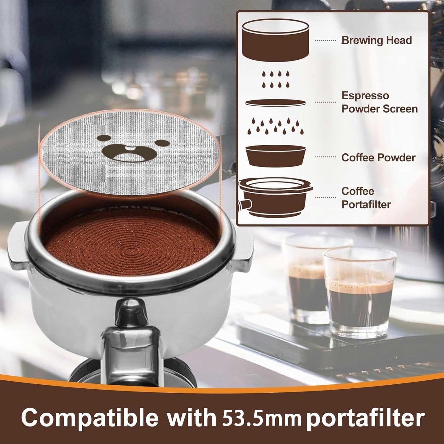 53.5mm Espresso Puck Screen, Lower Shower Screen, Metal Coffee Reusable Filter for 54mm Espresso Portafilter Basket, 1.7 Thickness(Happy)