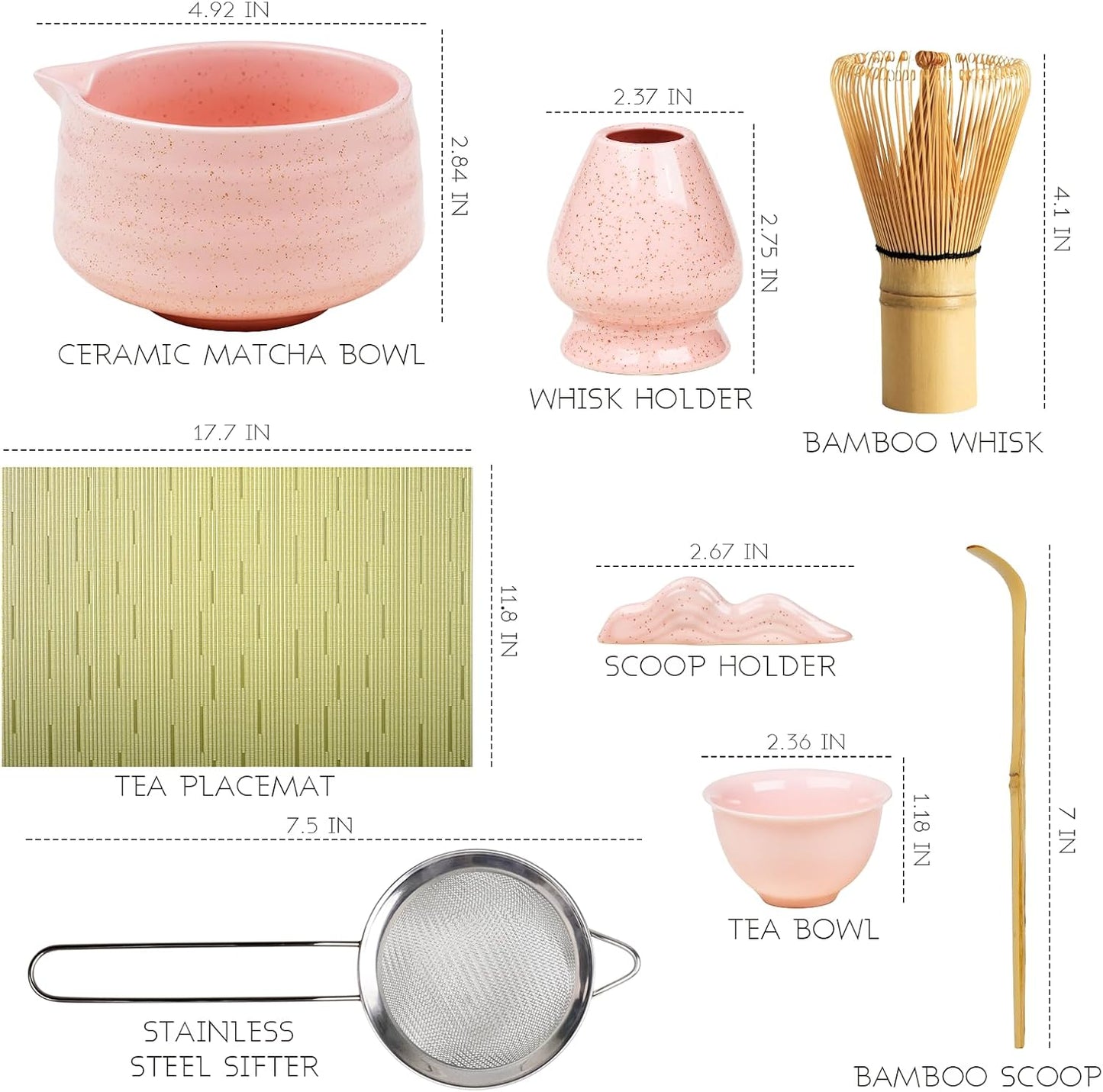 Pink Matcha Set, 8 Pcs Matcha Whisk Set with Porcelain Sakura Tea Cup, Matcha Bowl, Whisk and Holder, Bamboo Scoop, Scoop Rest, Sifter, Tea Mat - Gift for Matcha Lover
