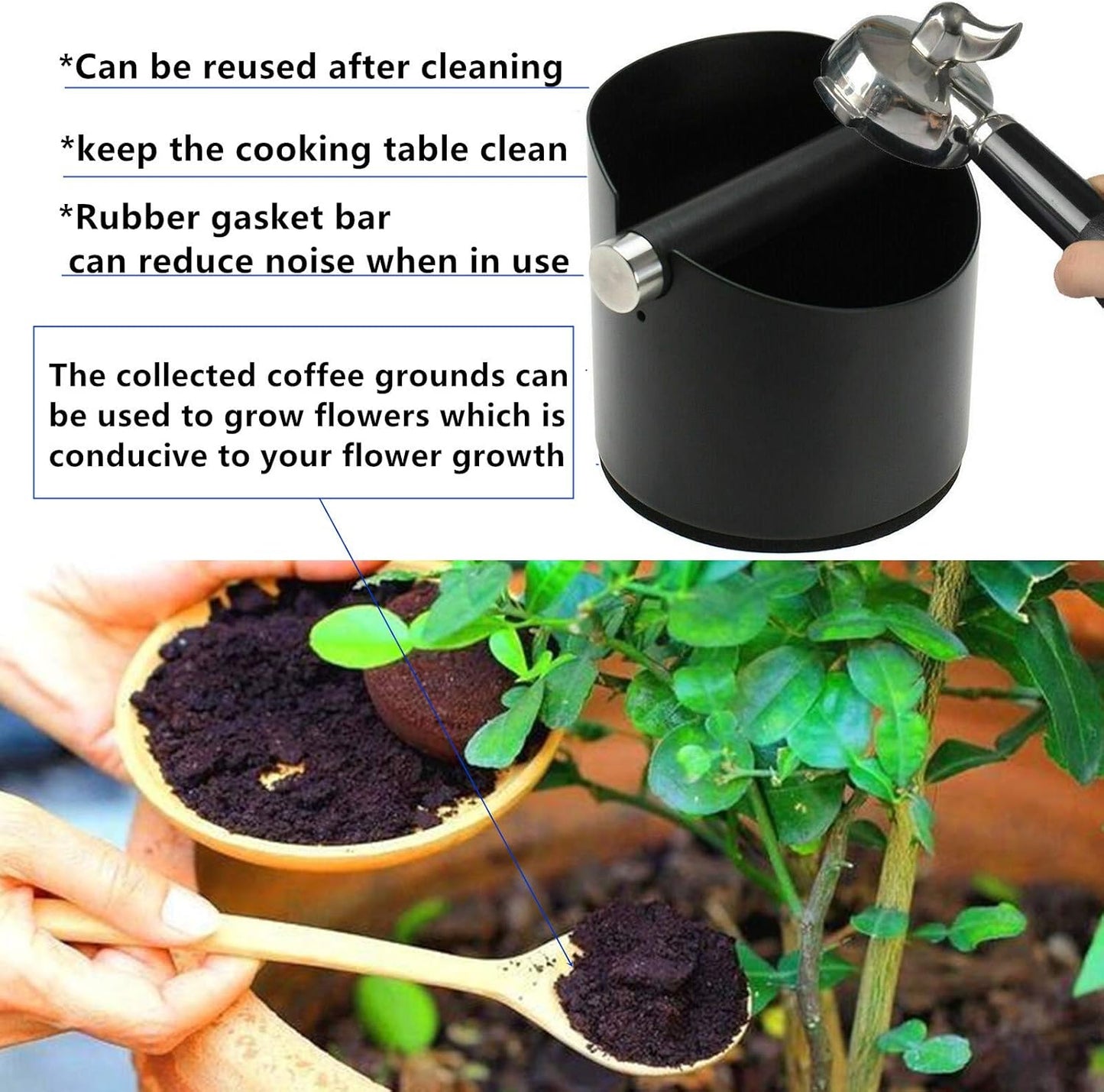 Espresso Knock Box, Stainless Steel Coffee Grounds Knock Box, With Removable Knock Bar and Non-Slip Rubber Base (Black)