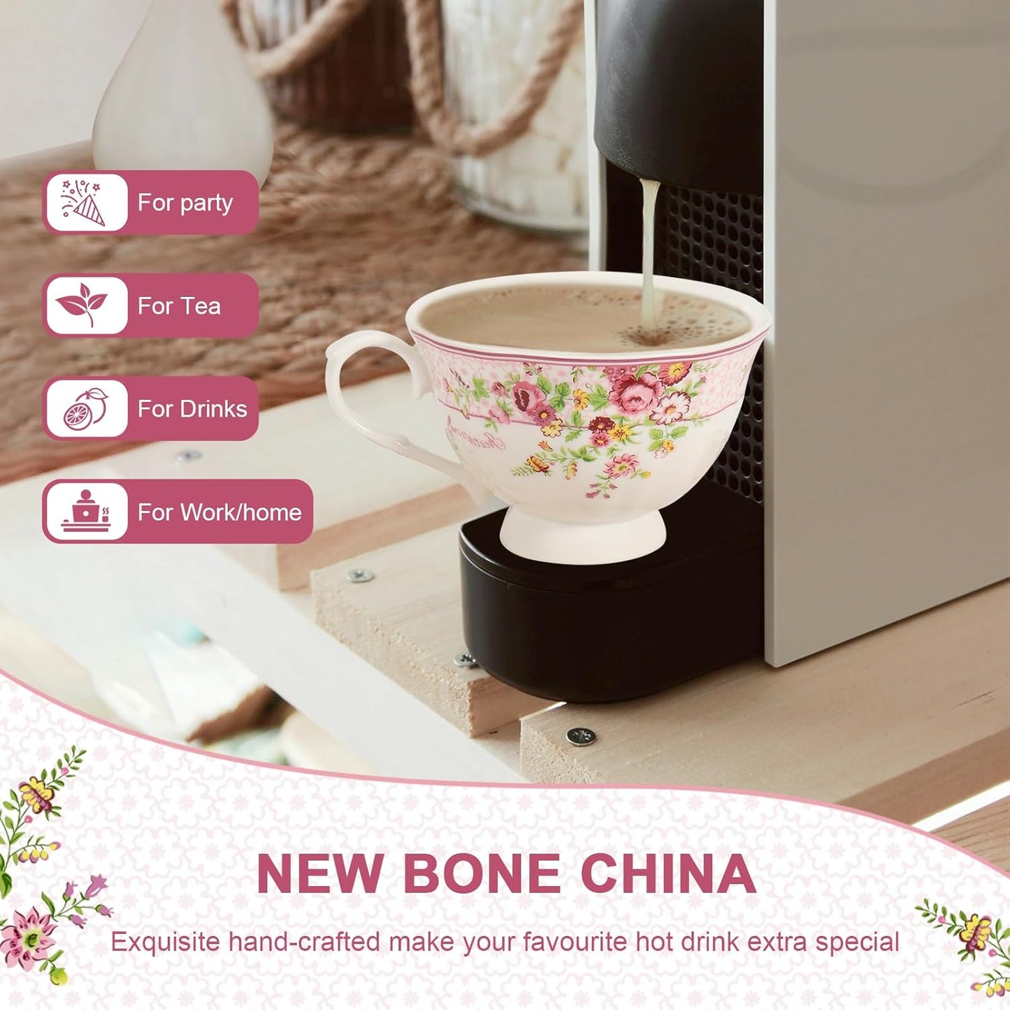 Cup and Saucer Sets of 2 with Spoon, 8oz Large Tea/Coffee Cups and Saucers New Bone China Floral Vintage Cup & Saucer Sets Porcelain Tea Latte Mugs -Microwave Dishwasher Safe