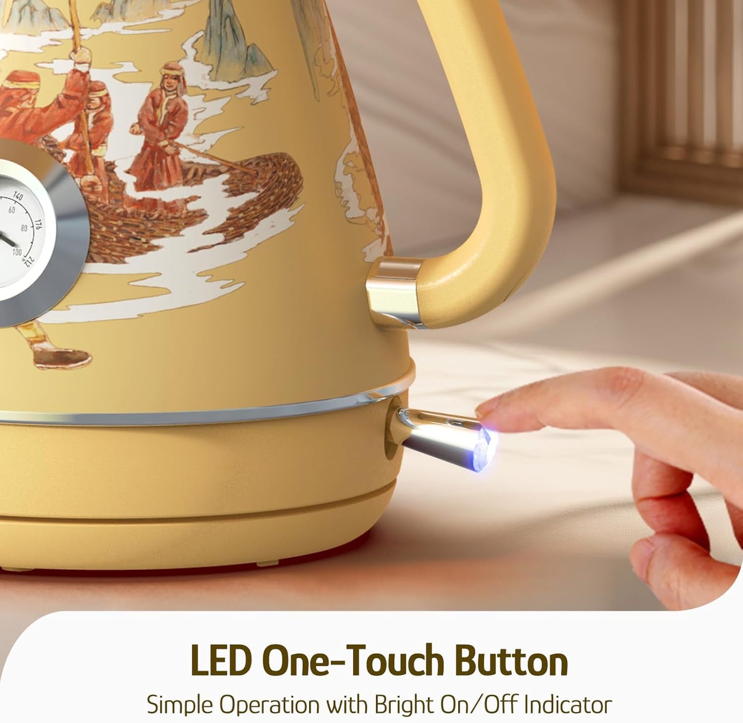 Hazel Quinn Retro Electric Kettle - 1.7 Liters / 57.5 Ounces Tea Kettle with Thermometer, All Stainless Steel, 1200 Watts Fast Boiling, BPA-free, Cordless, Automatic Shut Off - Dragon Dance